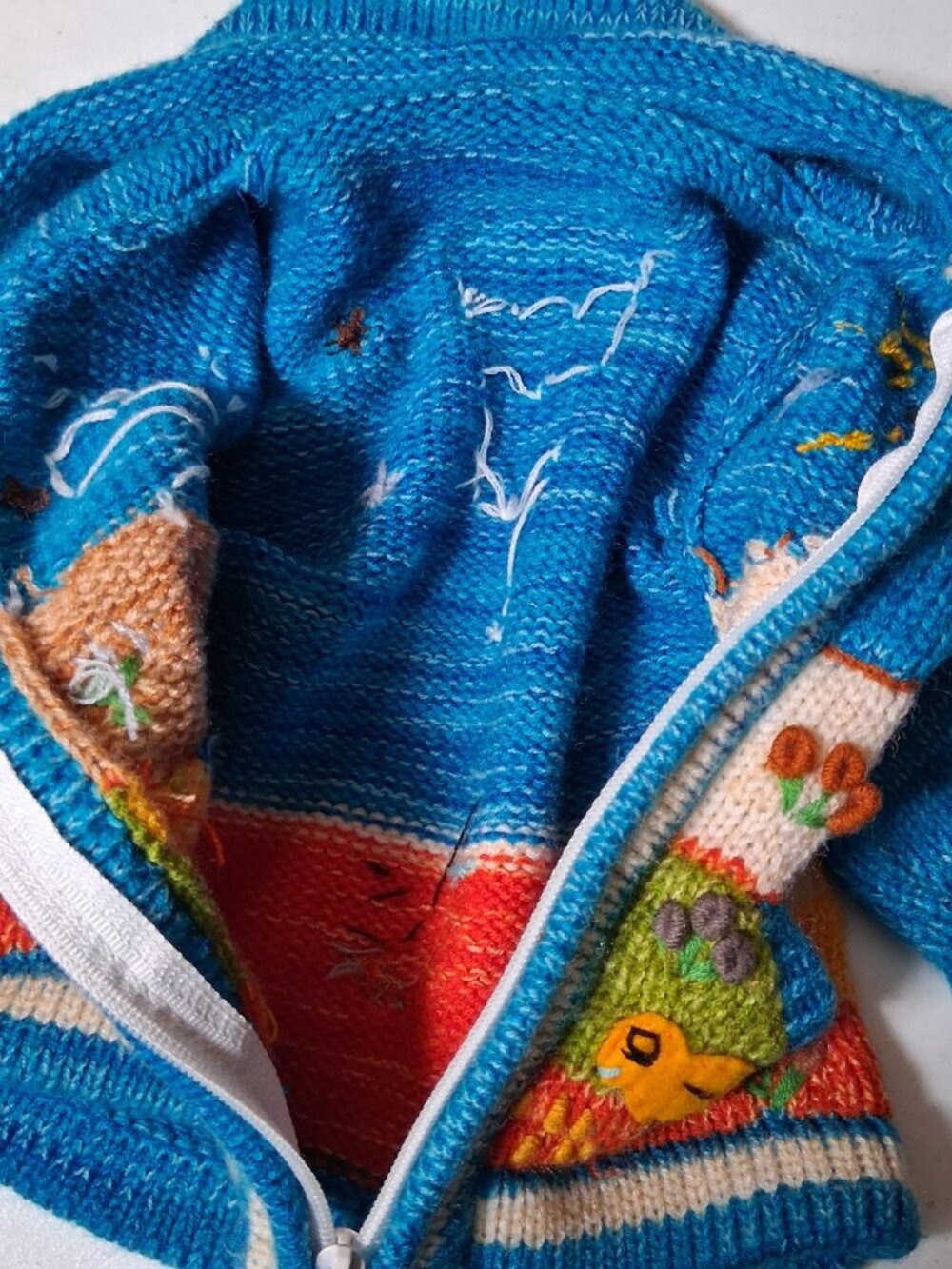 Hand Knit Peruvian Cardigan Sweater Kids Blue Mountain Sheep Sun Snail Zip - Picture 7 of 16